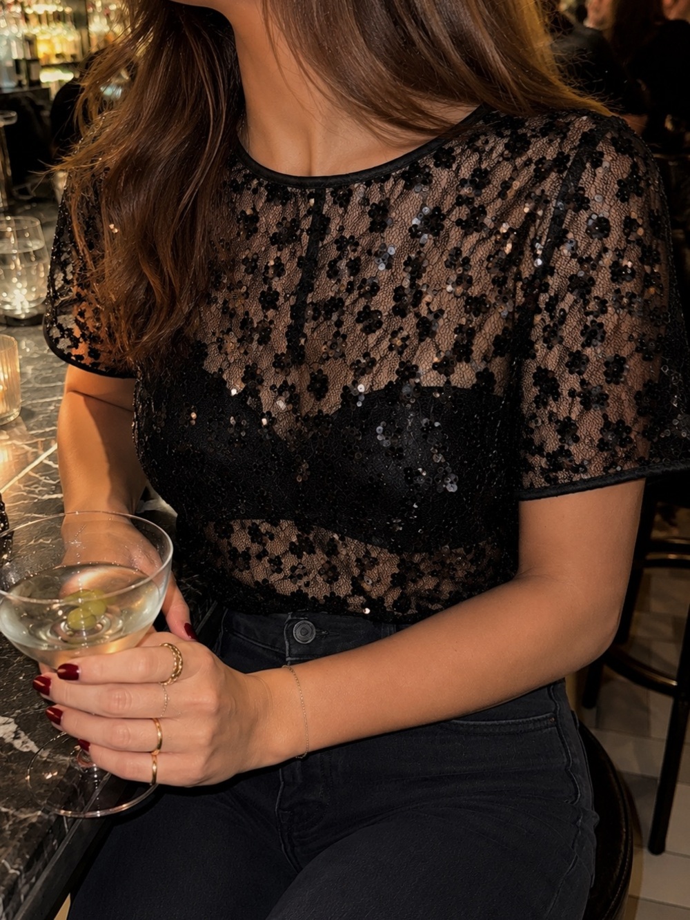 NWT Black Sequin Sheer Crop Tee